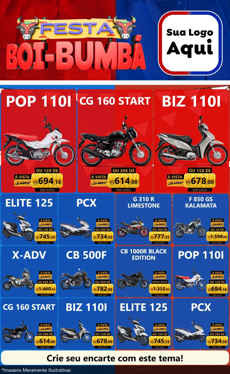 Modelo de Encarte para Encarte Grande com o tema Festa Boi Bumbá para Concessionaria de Motos