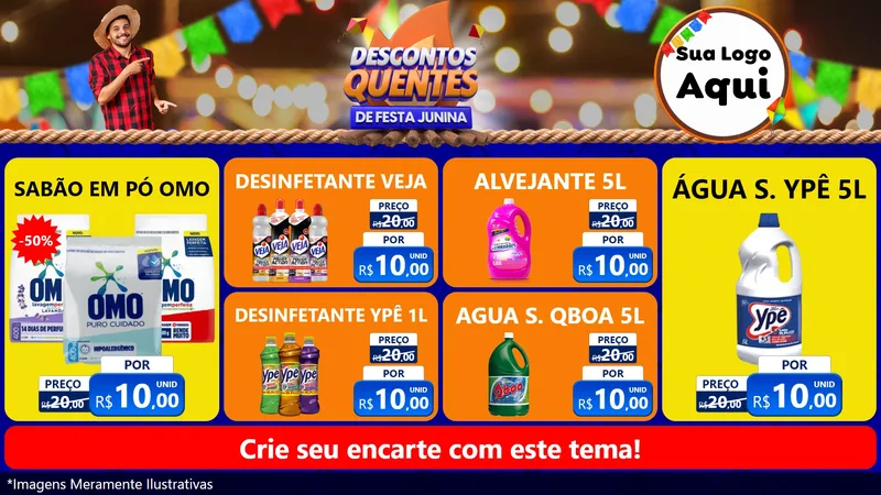 Modelo de TV para TV Horizontal com o tema Descontos Quentes de Festa Junina para Produtos de Limpeza