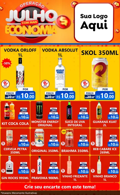 Modelo de Encarte para Encarte Grande com o tema Operação Julho Com Mais Economia para Distribuidora de bebidas