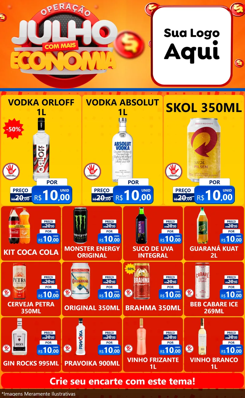 Modelo de Encarte para Encarte Grande com o tema Operação Julho Com Mais Economia para Distribuidora de bebidas