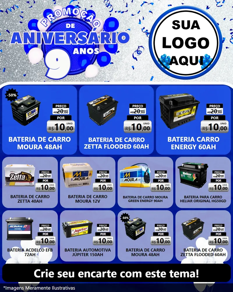 Modelo de Rede Social para Feed Instagram com o tema Promoção de Aniversário - 9 Anos para Baterias Elétricas