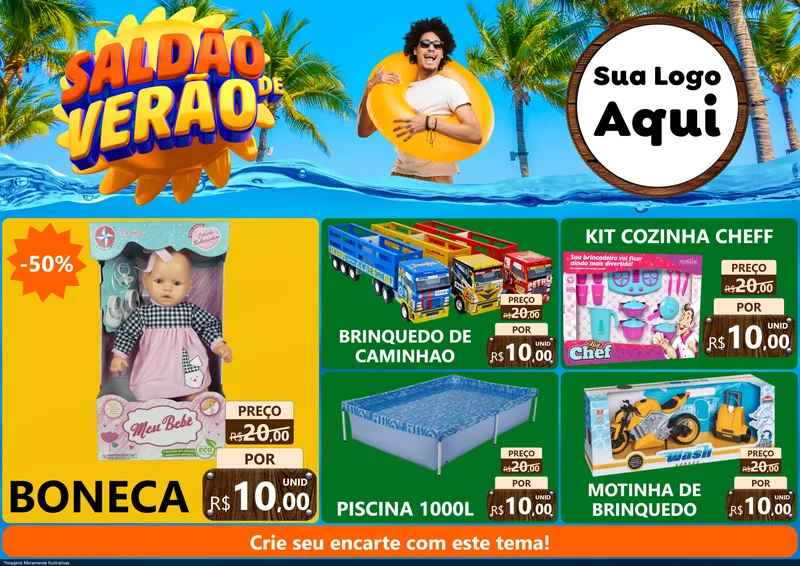 Modelo de Encarte para Encarte A4 Horizontal com o tema Saldão de Verão para Brinquedos