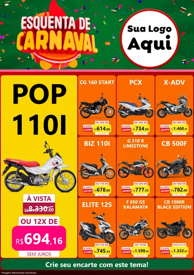 Modelo de Encarte para Encarte A4 Vertical com o tema Esquenta de Carnaval para Concessionaria de Motos