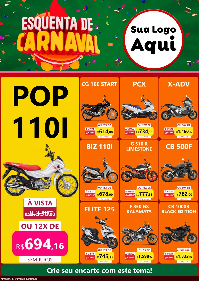 Modelo de Encarte para Encarte A4 Vertical com o tema Esquenta de Carnaval para Concessionaria de Motos