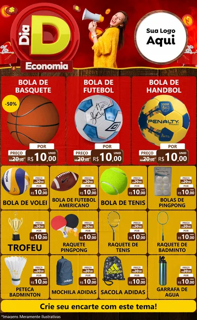 Modelo de Encarte para Encarte Grande com o tema Dia D Economia para Artigos Esportivos