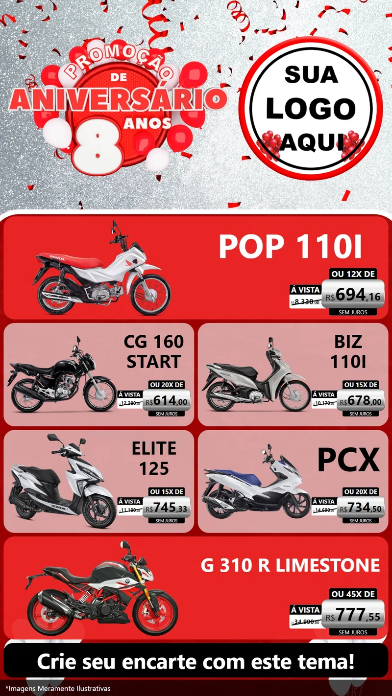 Modelo de TV para TV Vertical com o tema Promoção de Aniversário - 8 Anos para Concessionaria de Motos
