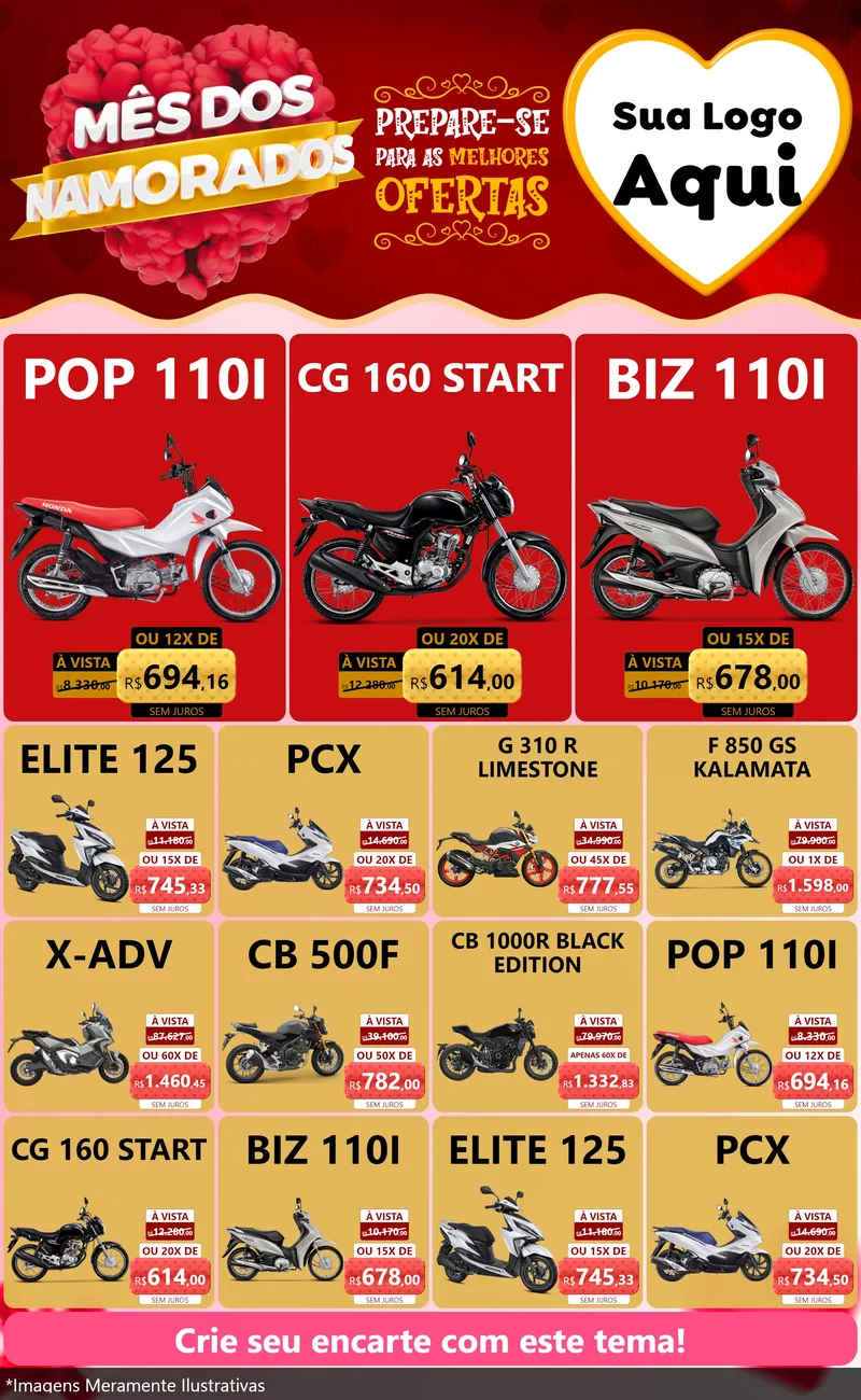 Modelo de Encarte para Encarte Grande com o tema Mês dos Namorados para Concessionaria de Motos