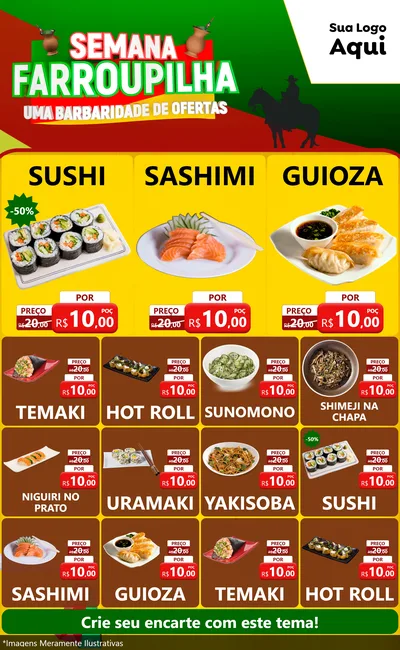 Modelo de Encarte para Encarte Grande com o tema Semana Farroupilha - Uma Barbaridade de Ofertas para Comida japonesa