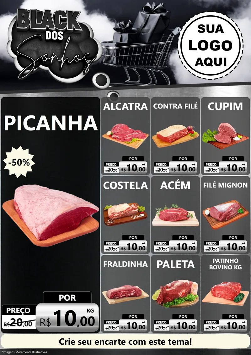 Modelo de Encarte para Encarte A4 Vertical com o tema Black dos Sonhos para Açougue