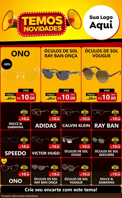 Modelo de Encarte para Encarte Grande com o tema Temos Novidades para Óticas