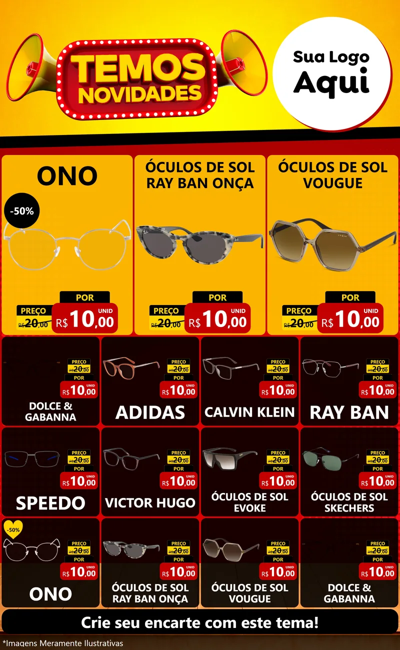 Modelo de Encarte para Encarte Grande com o tema Temos Novidades para Óticas