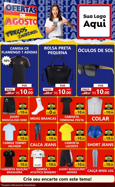 Modelo de Encarte para Encarte Grande com o tema Ofertas de Agosto - Preços Incríveis para Roupas e acessórios