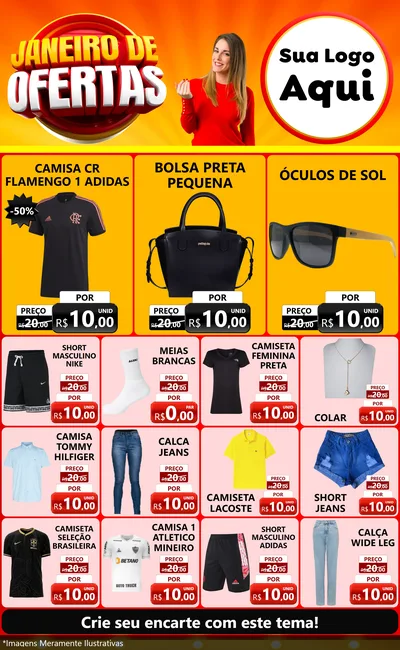 Modelo de Encarte para Encarte Grande com o tema Janeiro de Ofertas para Roupas e acessórios
