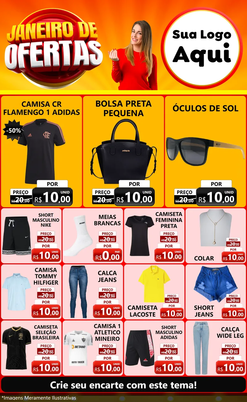 Modelo de Encarte para Encarte Grande com o tema Janeiro de Ofertas para Roupas e acessórios
