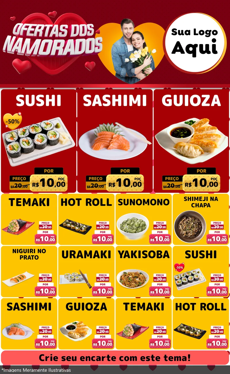 Modelo de Encarte para Encarte Grande com o tema Ofertas Dos Namorados para Comida japonesa