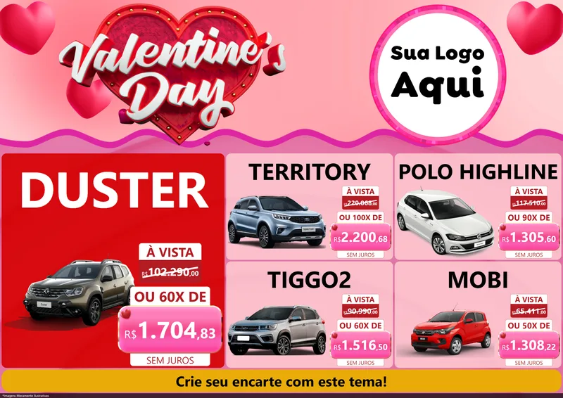 Modelo de Encarte para Encarte A4 Horizontal com o tema Valentine's Day para Concessionaria de Carros
