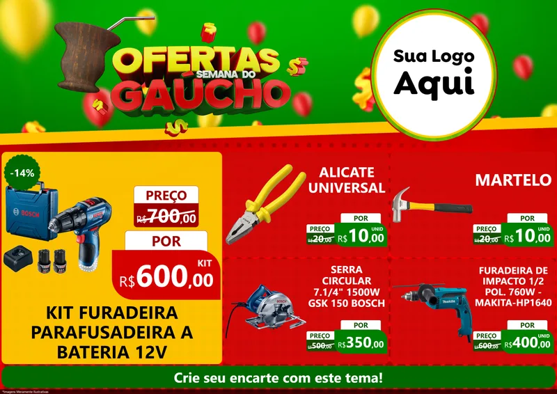 Modelo de Encarte para Encarte A4 Horizontal com o tema Ofertas Semana Do Gaúcho para Maquinas e Ferramentas