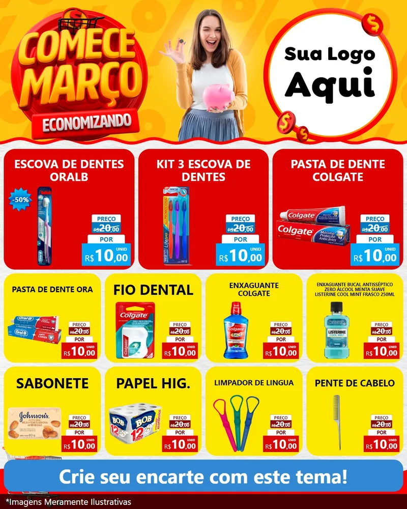Modelo de Rede Social para Feed Instagram com o tema Comece Março Economizando para Higiene Pessoal