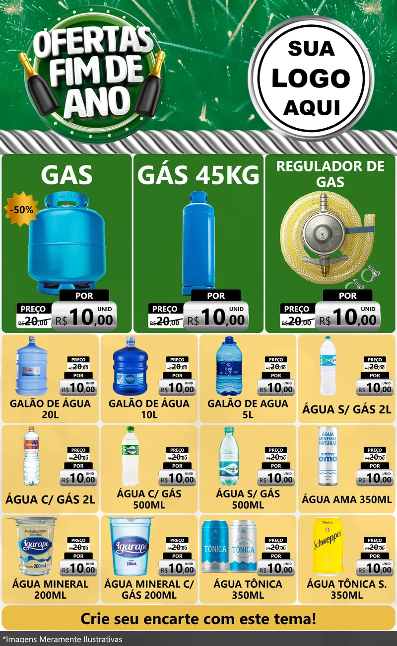 Modelo de Encarte para Encarte Grande com o tema Ofertas Fim de Ano para Água e gás