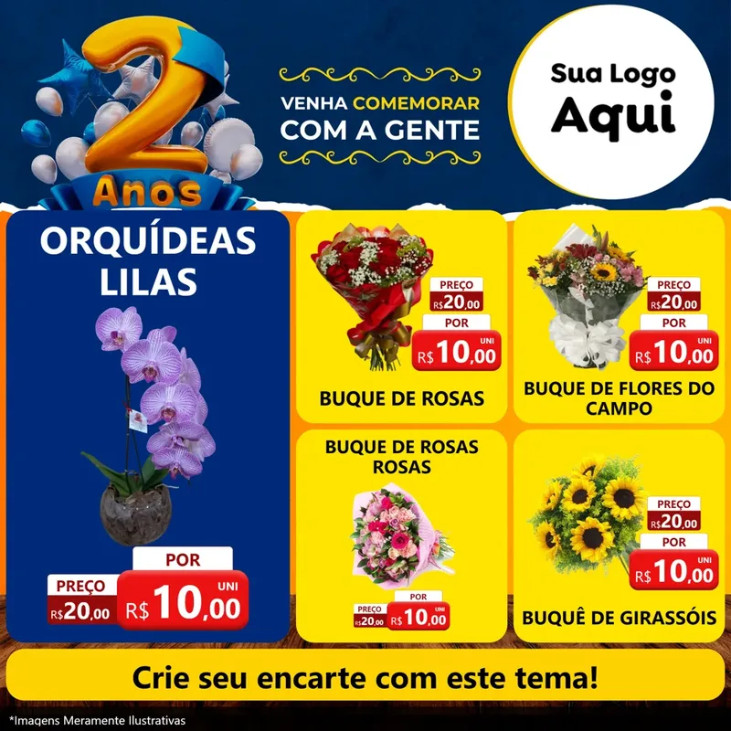 Modelo de Rede Social para Feed Facebook com o tema Aniversário de 2 anos para Floricultura e jardim