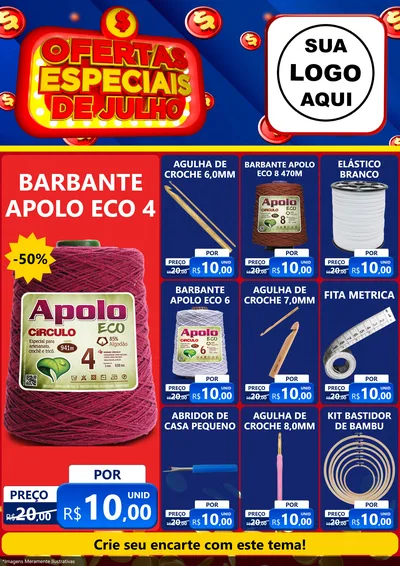 Modelo de Encarte para Encarte A4 Vertical com o tema Ofertas Especiais de Julho para Armarinho e Aviamentos