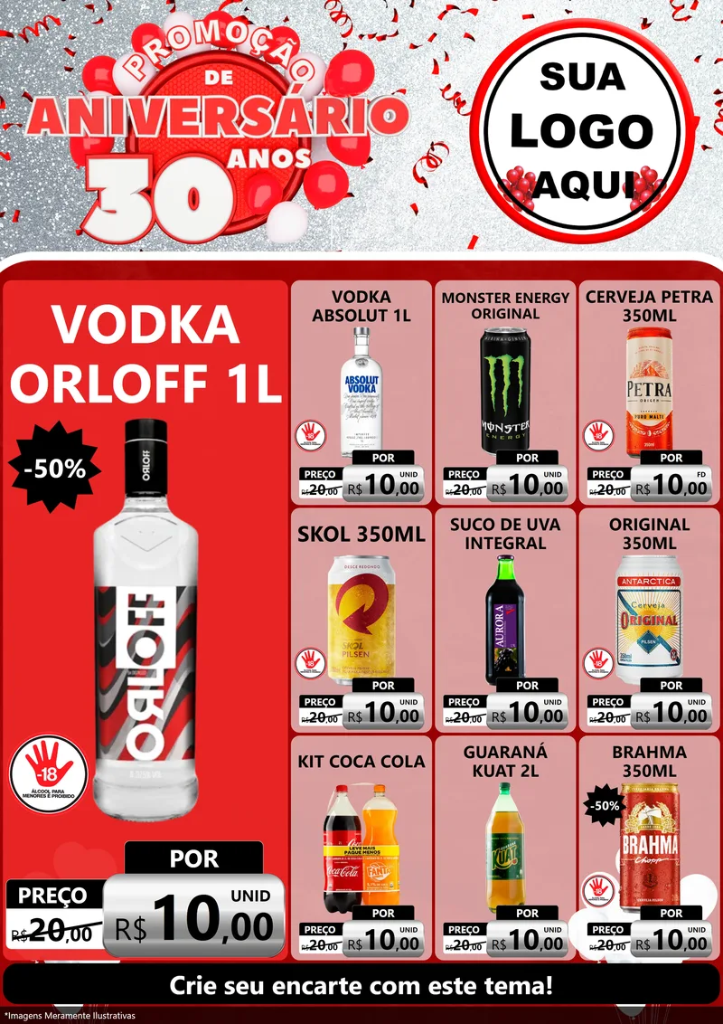 Modelo de Encarte para Encarte A4 Vertical com o tema Promoção de Aniversário - 30 Anos para Distribuidora de bebidas