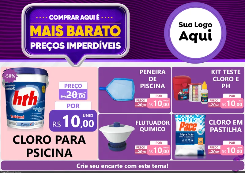 Modelo de Encarte para Encarte A4 Horizontal com o tema Mais Barato para Produtos para Piscina