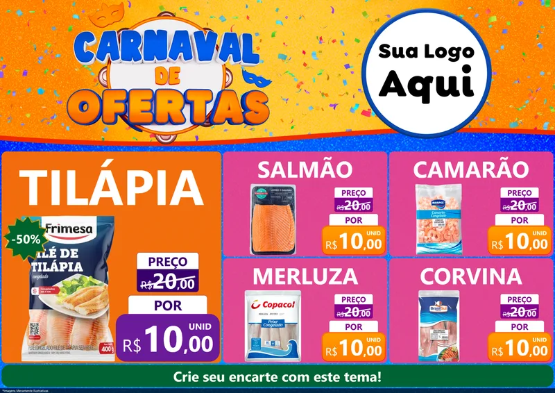 Modelo de Encarte para Encarte A4 Horizontal com o tema Carnaval de Ofertas para Peixaria