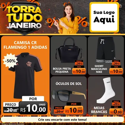 Modelo de Rede Social para Feed Facebook com o tema Torra Tudo Janeiro para Roupas e acessórios