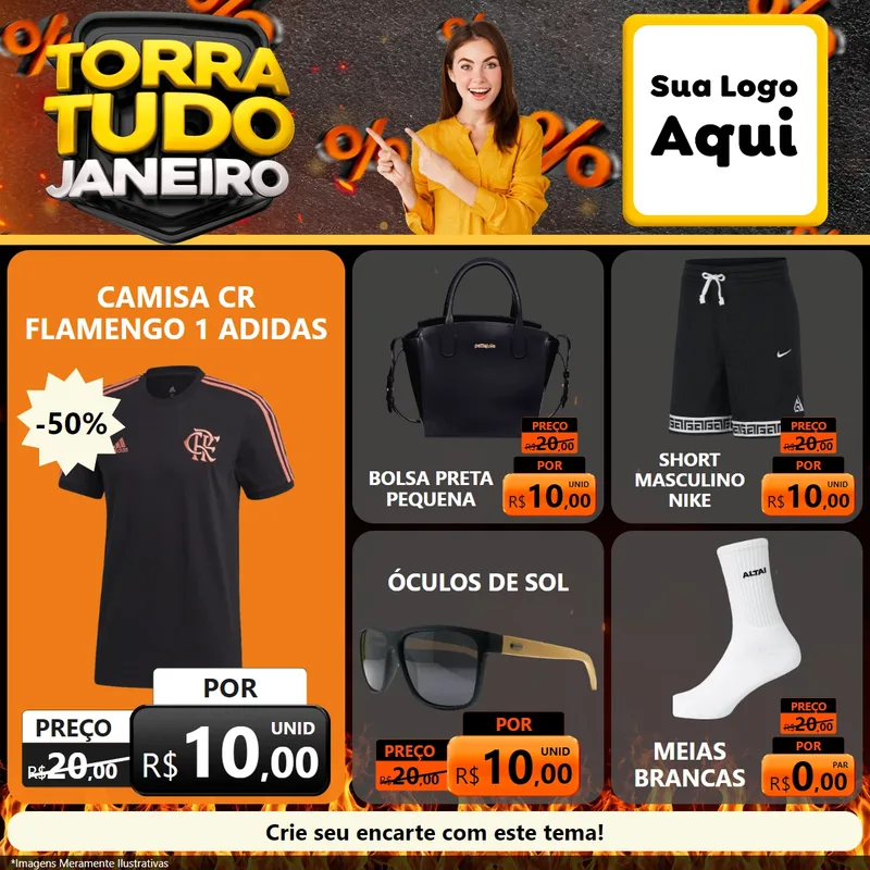 Modelo de Rede Social para Feed Facebook com o tema Torra Tudo Janeiro para Roupas e acessórios