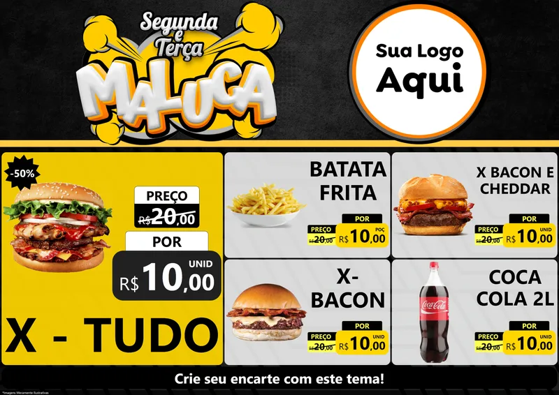 Modelo de Encarte para Encarte A4 Horizontal com o tema Segunda e Terça Maluca para Hamburgueria