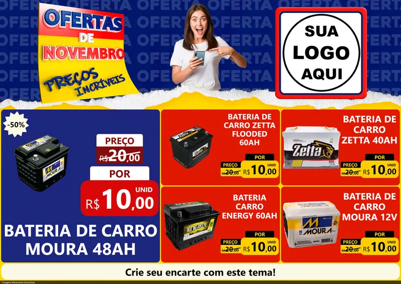 Modelo de Encarte para Encarte A4 Horizontal com o tema Ofertas de Novembro - Preços Incríveis para Baterias Elétricas