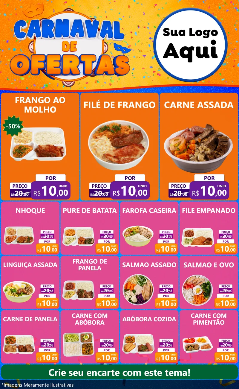 Modelo de Encarte para Encarte Grande com o tema Carnaval de Ofertas para Restaurante