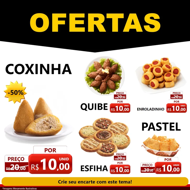 Modelo de Rede Social para Feed Facebook com o tema Ofertas Preto e Vermelho Cartaz para Salgadaria