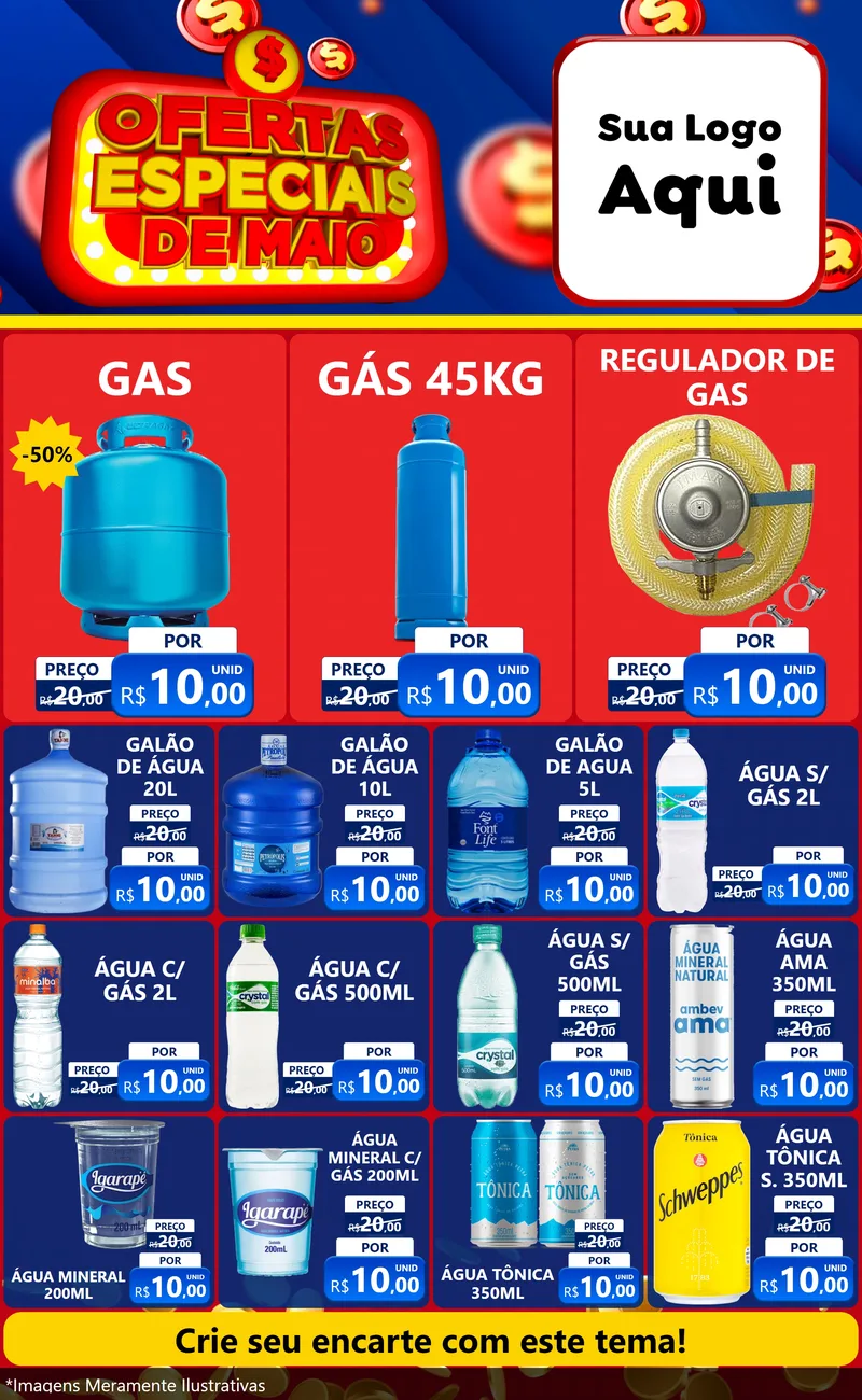 Modelo de Encarte para Encarte Grande com o tema Ofertas Especiais de Maio para Água e gás