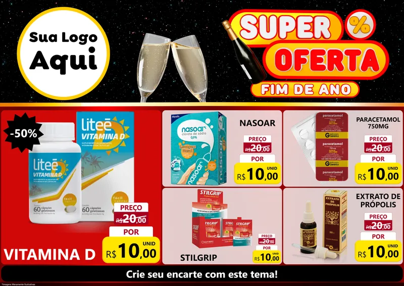 Modelo de Encarte para Encarte A4 Horizontal com o tema Super Oferta Fim de Ano para Farmácia