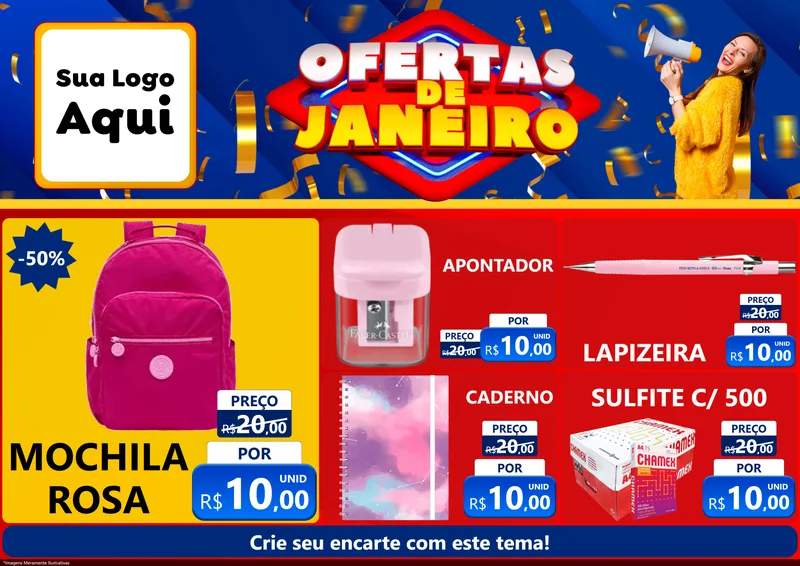 Modelo de Encarte para Encarte A4 Horizontal com o tema Ofertas de Janeiro para Papelaria