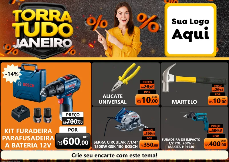 Modelo de Encarte para Encarte A4 Horizontal com o tema Torra Tudo Janeiro para Maquinas e Ferramentas