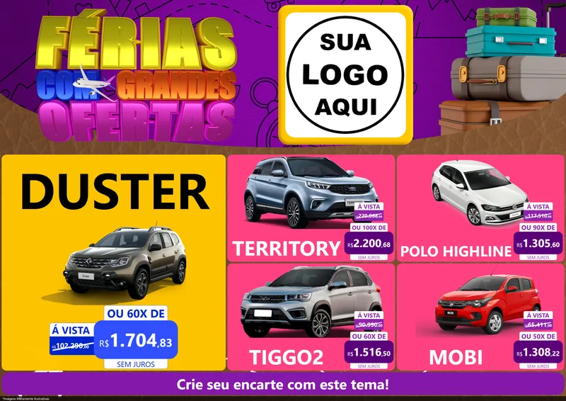 Modelo de Encarte para Encarte A4 Horizontal com o tema Férias com Grandes Ofertas para Concessionaria de Carros