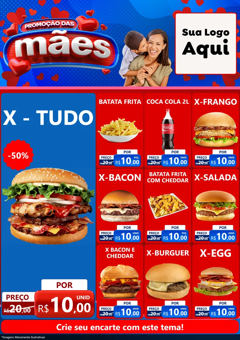 Modelo de Encarte para Encarte A4 Vertical com o tema Promoção das Mães para Hamburgueria