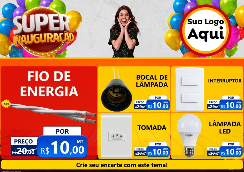 Modelo de Encarte para Encarte A4 Horizontal com o tema Super Inauguração para Materiais Elétricos