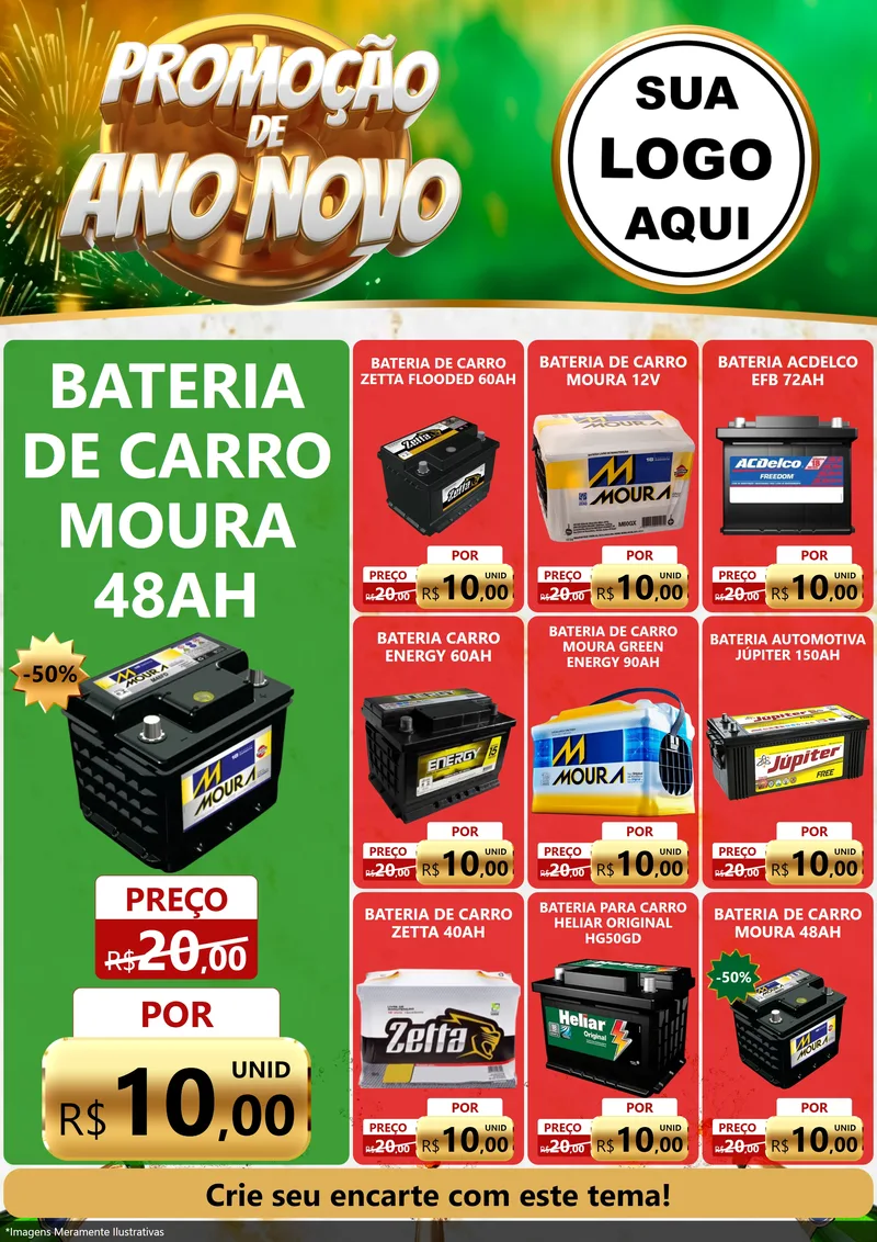 Modelo de Encarte para Encarte A4 Vertical com o tema Promoção de Ano Novo para Baterias Elétricas