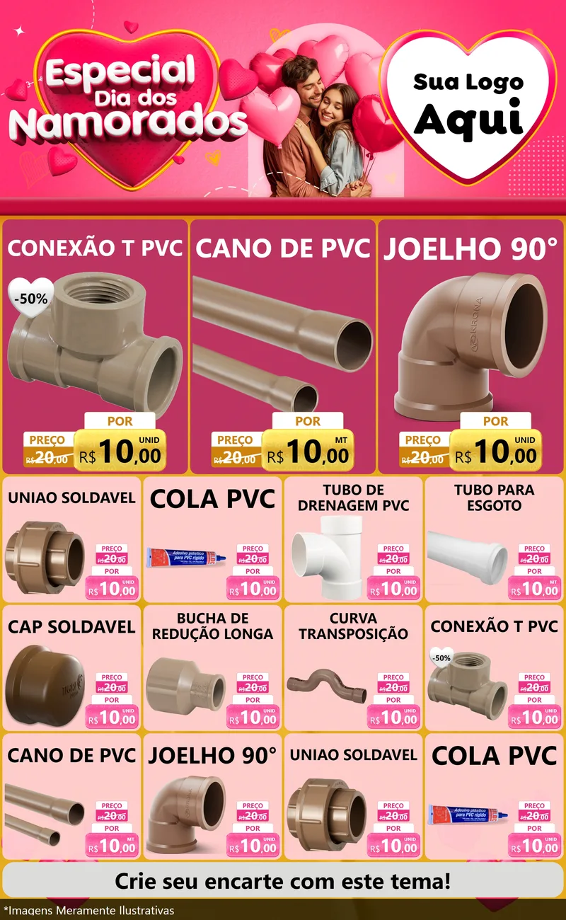 Modelo de Encarte para Encarte Grande com o tema Especial Dia dos Namorados para Tubos e conexões