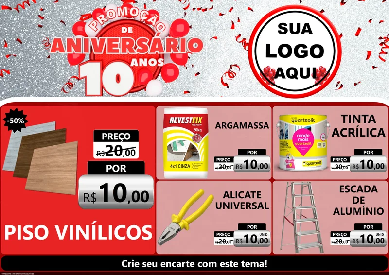 Modelo de Encarte para Encarte A4 Horizontal com o tema Promoção de Aniversário - 10 Anos para Material para Construção