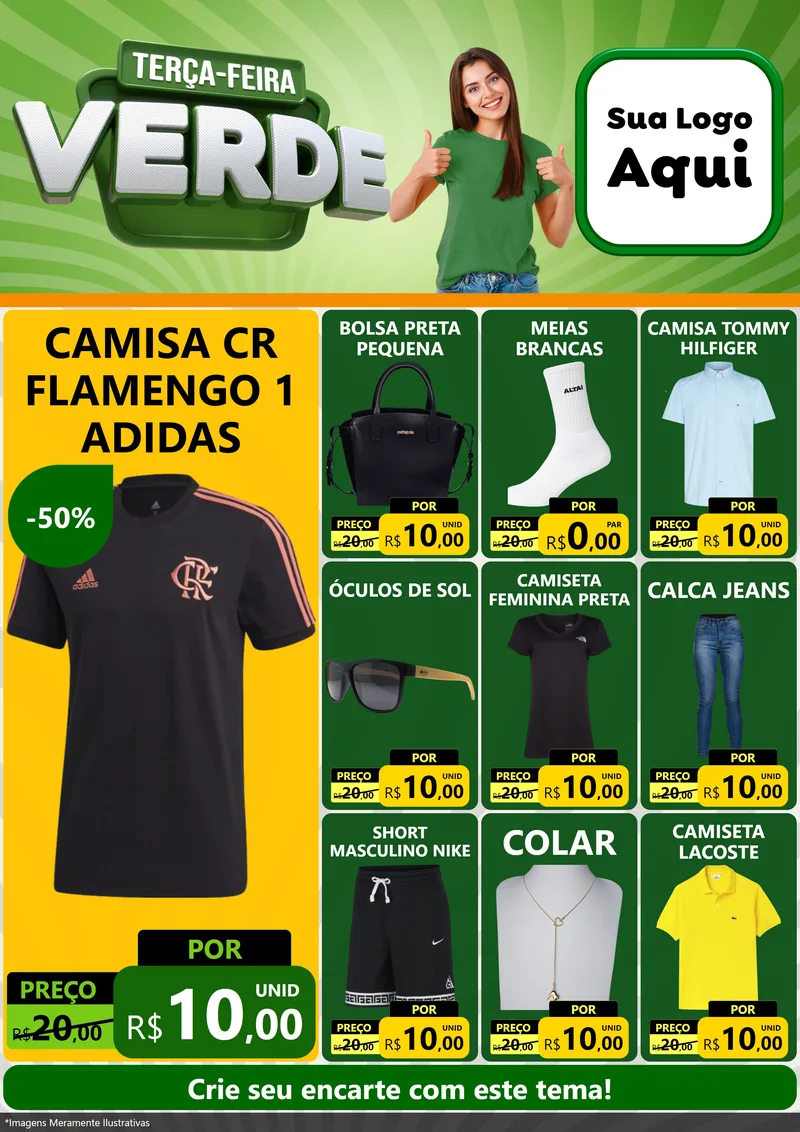 Modelo de Encarte para Encarte A4 Vertical com o tema Terça - Feira Verde para Roupas e acessórios