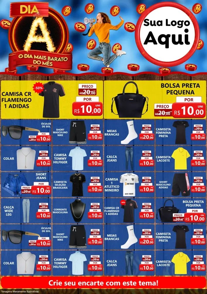 Modelo de Encarte para Encarte A4 Vertical com o tema Dia A - O Dia Mais Barato Do Mês para Roupas e acessórios