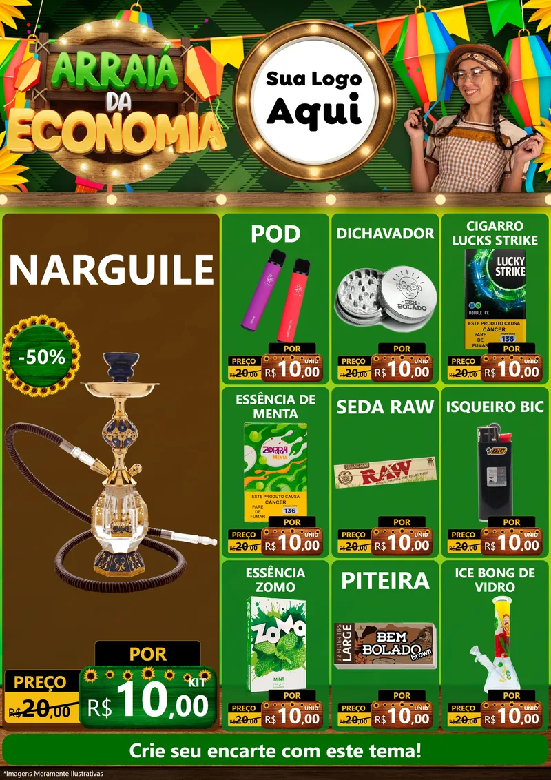 Modelo de Encarte para Encarte A4 Vertical com o tema Arraiá de Economia para Tabacaria