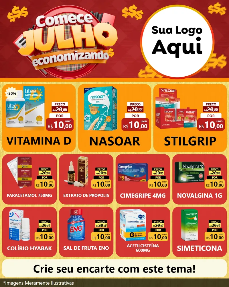 Modelo de Rede Social para Feed Instagram com o tema Comece Julho Economizando para Farmácia