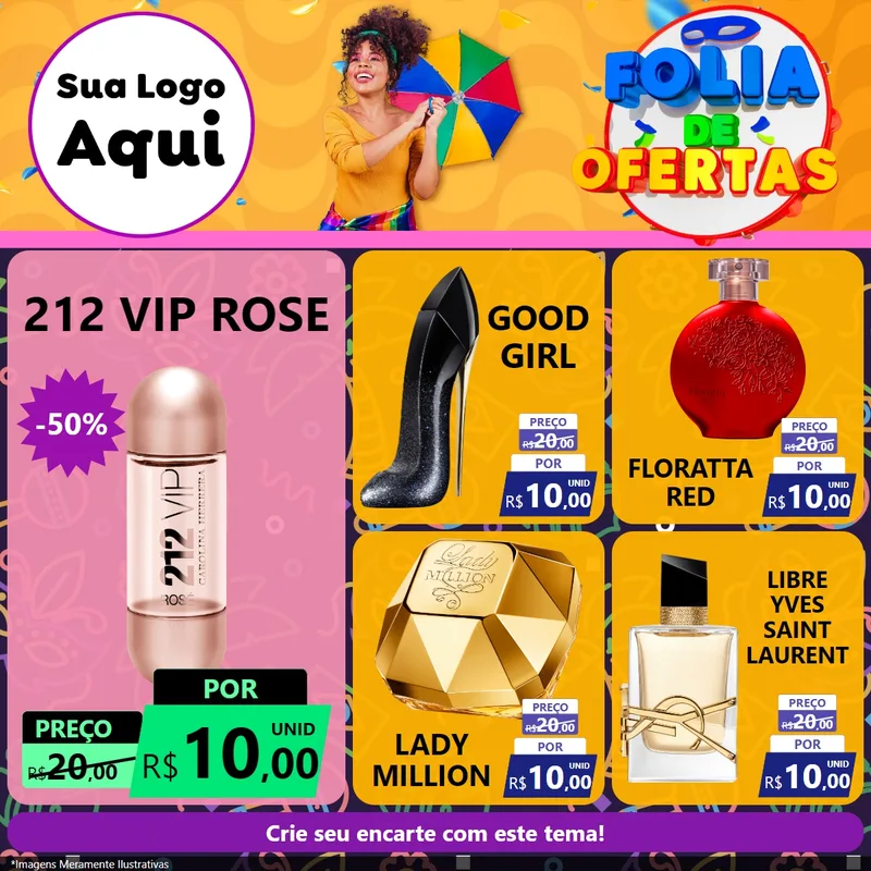 Modelo de Rede Social para Feed Facebook com o tema Folia de Ofertas para Perfumes