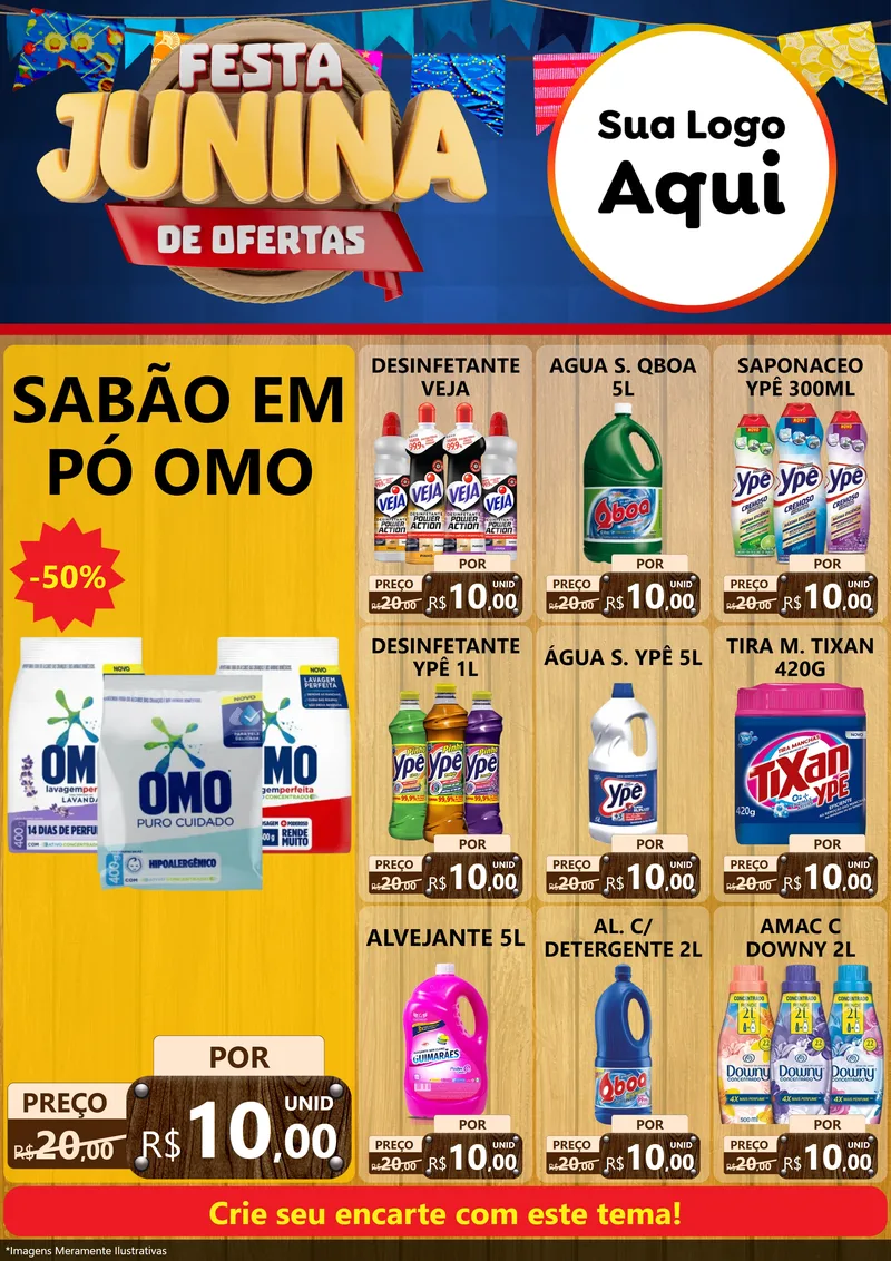 Modelo de Encarte para Encarte A4 Vertical com o tema Festa Junina de Ofertas para Produtos de Limpeza